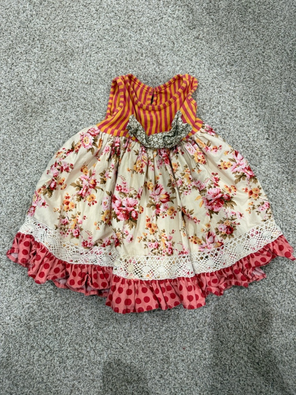 Persnickety Cream Floral Dress with Pink and Mustard Stripes and Polka-Dot Hem